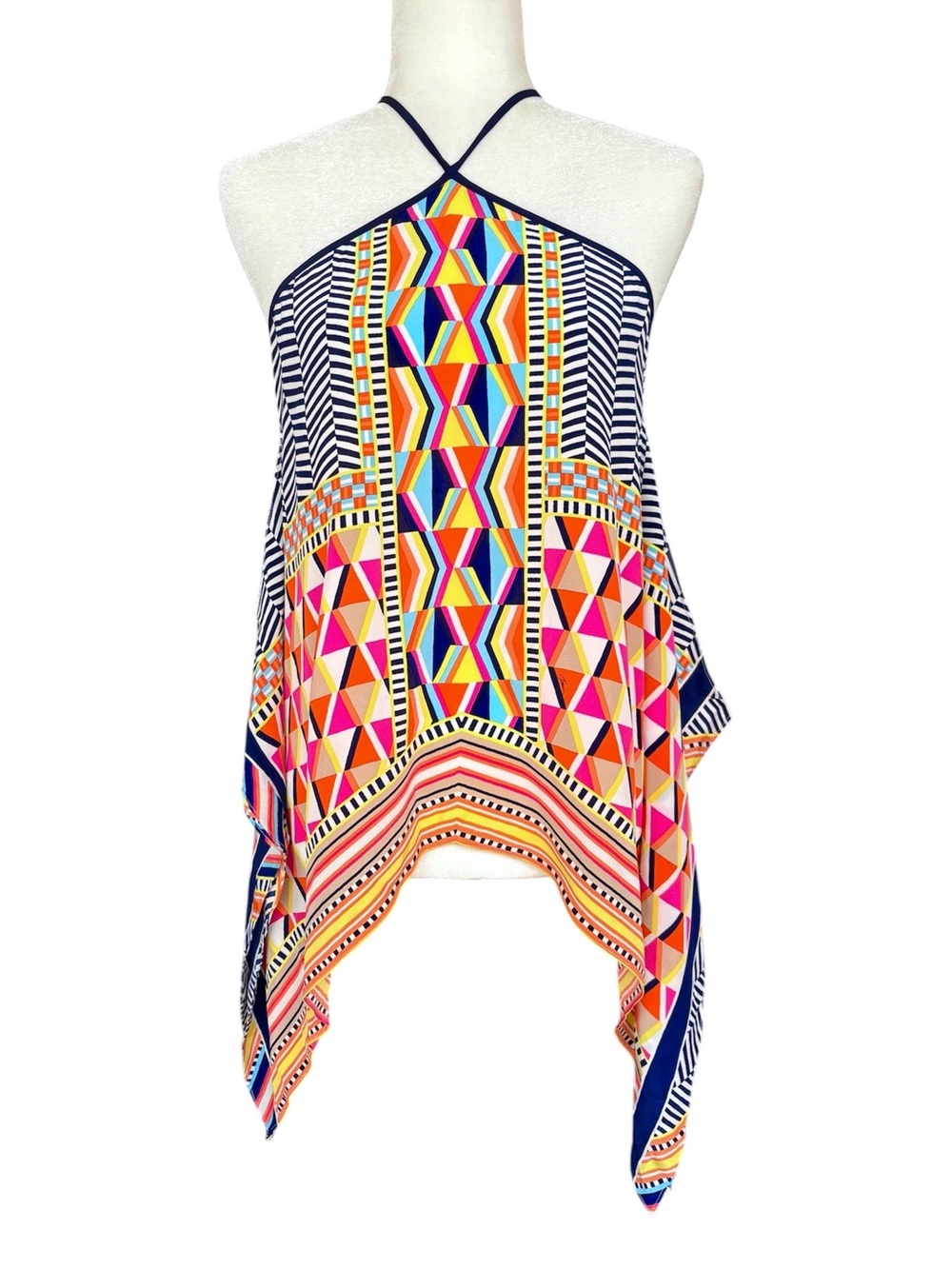 Trina Turk Vibrant Geometric Print Scarf Hem Halter Neck Top Size S